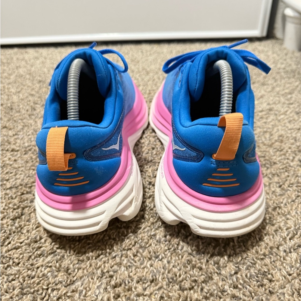 HOKA bondi 8 Women's Blue Running Shoes with Pink Accent - Picture 5 of 10